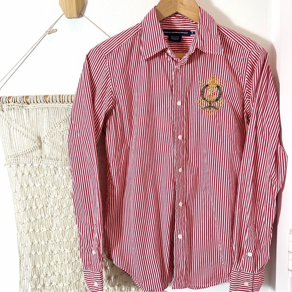 Ralph Lauren Sport Striped Red White Polo Preppy Cotton Women's Shirt Size 10